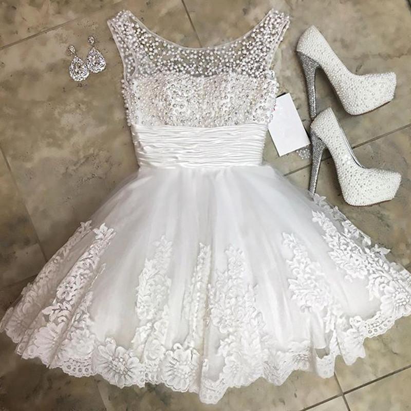 Fabulous White Prom Dress Short Lace Pearl Homecoming Dresses mezuniyet elbiseleri