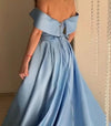 Stunning sky Baby Blue off the Shoulder Pocket A Line Satin Prom Long Graduation Party Dress PL10329