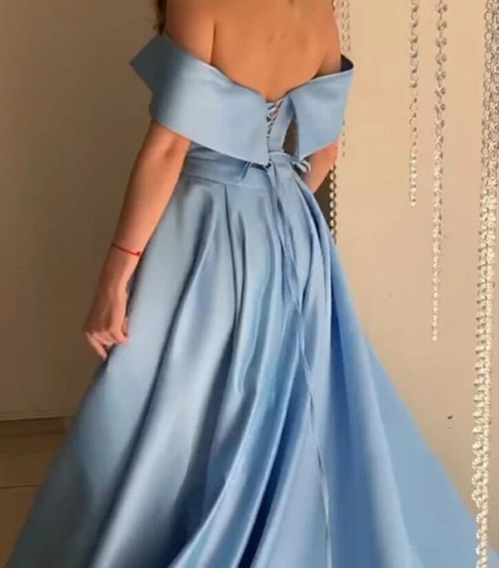 Stunning sky Baby Blue off the Shoulder Pocket A Line Satin Prom Long Graduation Party Dress PL10329