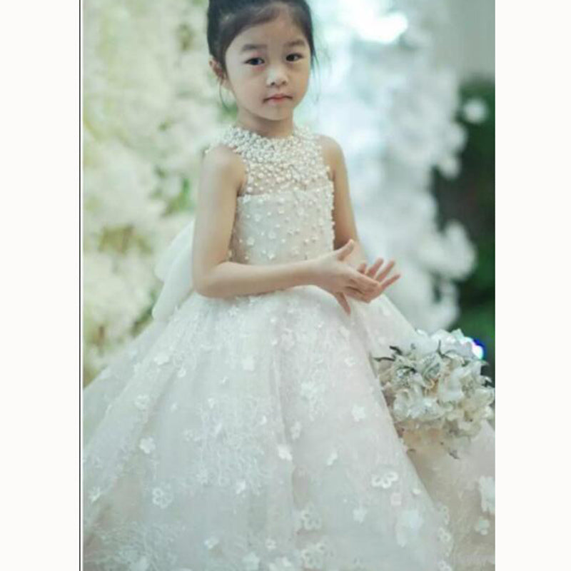 Sweet White Flower girl dresses with Bowknot for Weddings Little Girl Party Gown