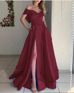 Stunning sky Baby Blue off the Shoulder Pocket A Line Satin Prom Long Graduation Party Dress PL10329