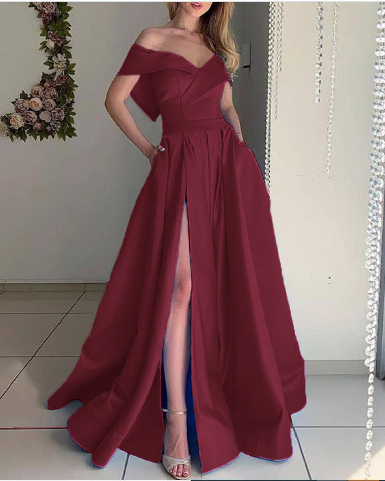 Stunning sky Baby Blue off the Shoulder Pocket A Line Satin Prom Long Graduation Party Dress PL10329