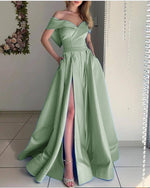 Stunning sky Baby Blue off the Shoulder Pocket A Line Satin Prom Long Graduation Party Dress PL10329