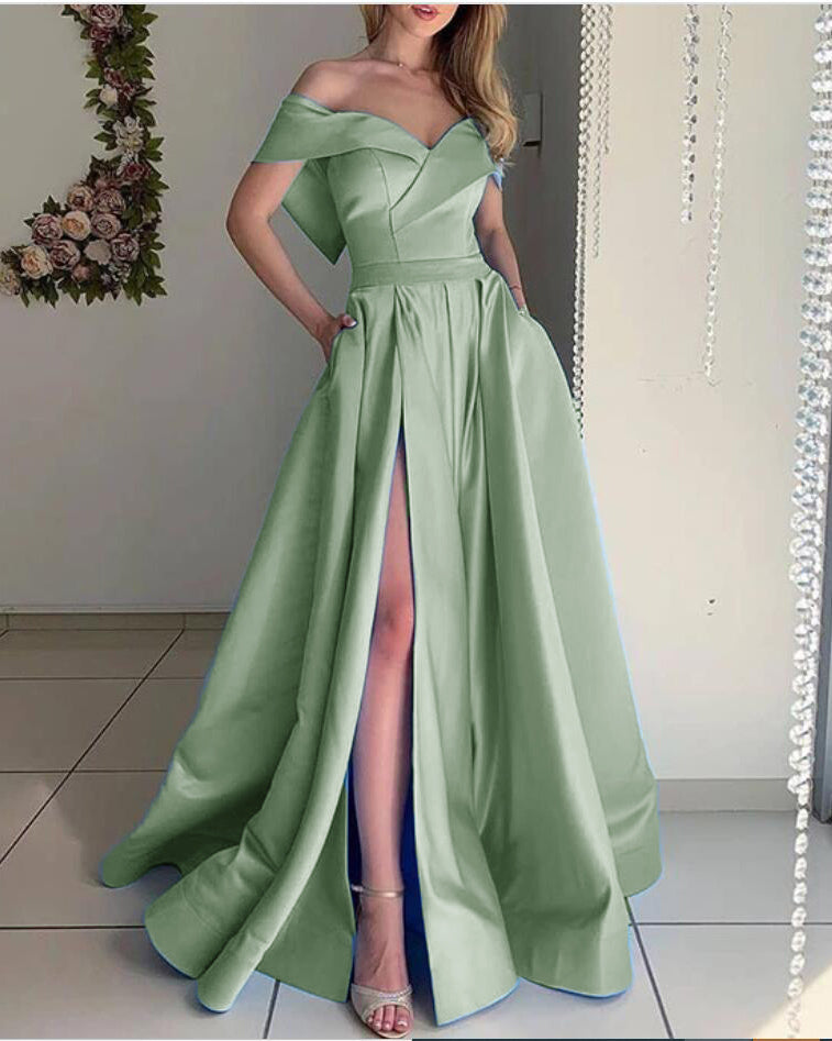 Stunning sky Baby Blue off the Shoulder Pocket A Line Satin Prom Long Graduation Party Dress PL10329
