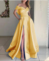 Stunning sky Baby Blue off the Shoulder Pocket A Line Satin Prom Long Graduation Party Dress PL10329