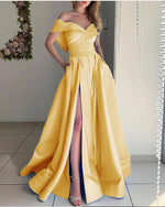 Stunning sky Baby Blue off the Shoulder Pocket A Line Satin Prom Long Graduation Party Dress PL10329