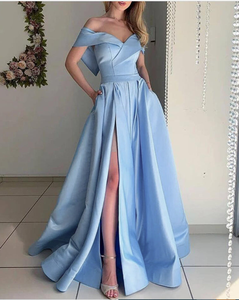 Stunning sky Baby Blue off the Shoulder Pocket A Line Satin Prom Long Graduation Party Dress PL10329