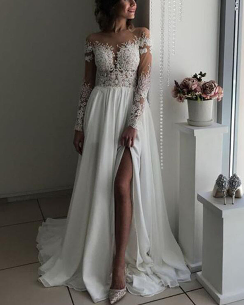 Long Sleeves Lace and Chiffon Beach Wedding Dress with Split Ivory Bri ...