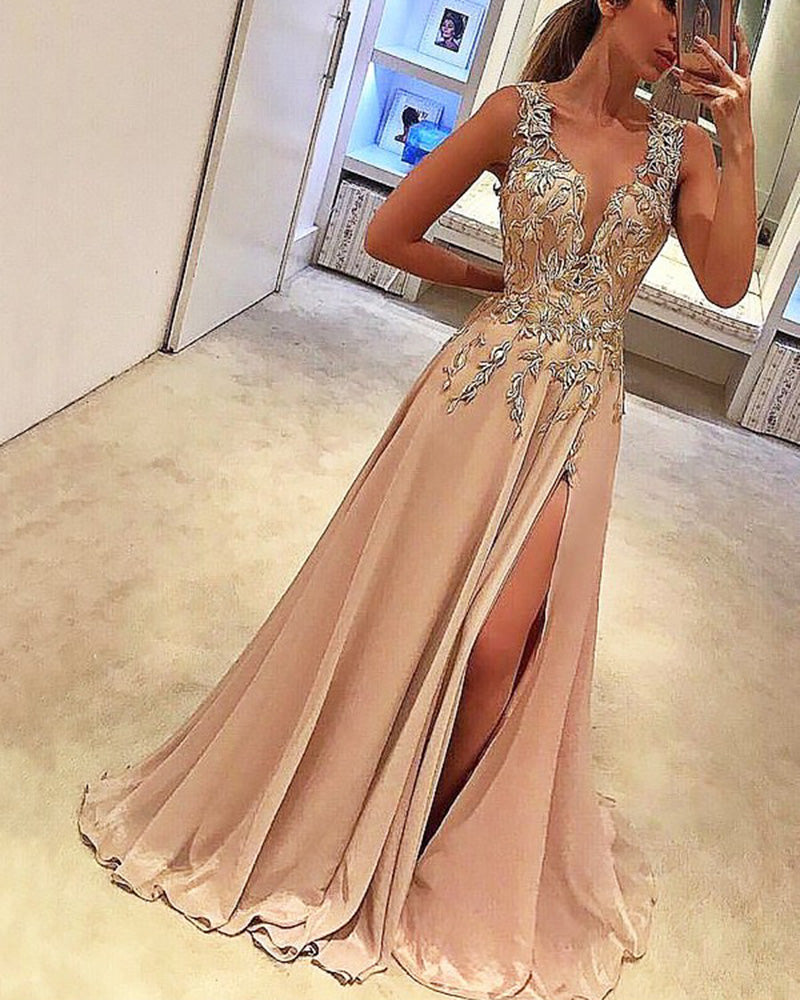 Champagne V Neck Lace Long Prom Dress Women Evening Party Gown LP548