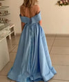 Stunning sky Baby Blue off the Shoulder Pocket A Line Satin Prom Long Graduation Party Dress PL10329