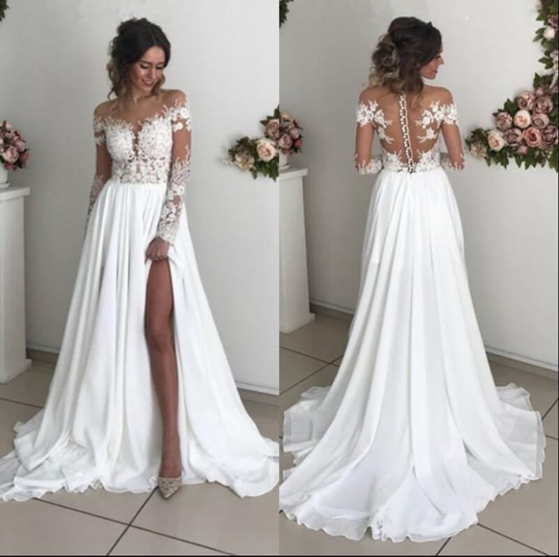 Long Sleeves Lace and Chiffon Beach Wedding Dress with Split Ivory Bri ...
