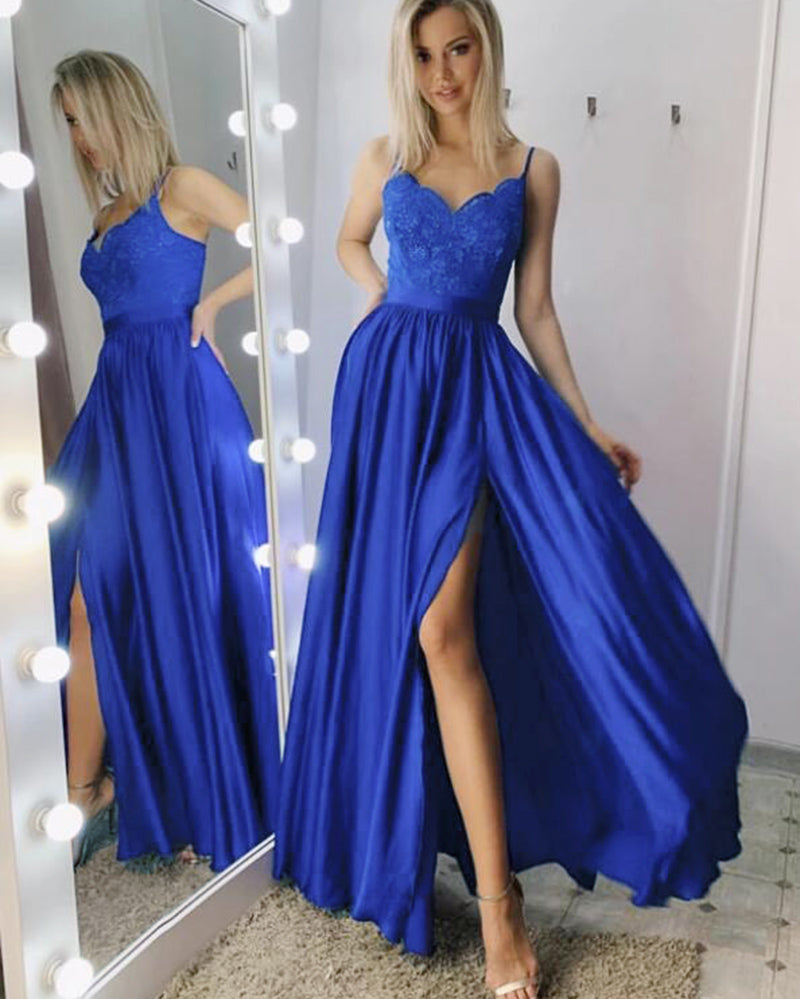 SIlver Gray Long Evening Dress with Straps, Women Fomal Split Prom Gown PL0709