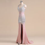 Crystal Long Mermaid Prom Dresses with Slit,Evening Formal Gown for Women Heavy Beading