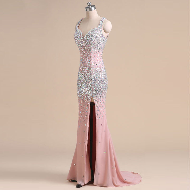 Crystal Long Mermaid Prom Dresses with Slit,Evening Formal Gown for Women Heavy Beading