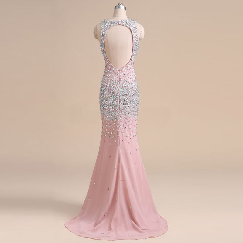 Crystal Long Mermaid Prom Dresses with Slit,Evening Formal Gown for Women Heavy Beading