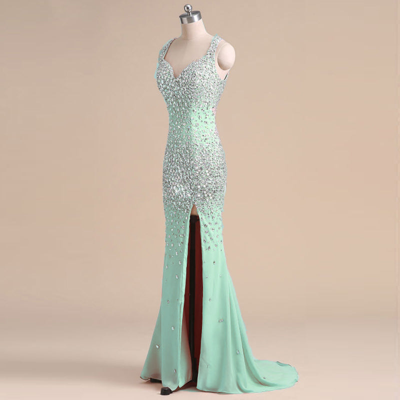 Crystal Long Mermaid Prom Dresses with Slit,Evening Formal Gown for Women Heavy Beading
