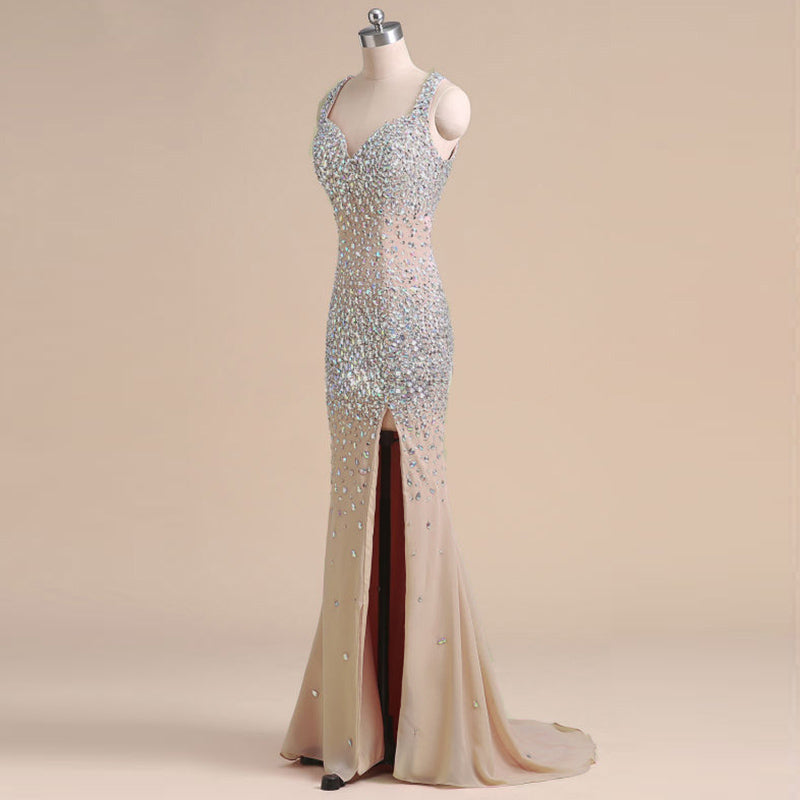 Crystal Long Mermaid Prom Dresses with Slit,Evening Formal Gown for Women Heavy Beading
