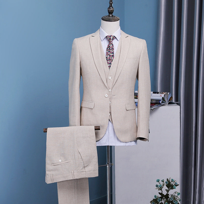 beige men suits wedding groom plus size Custom Made  3 pieces (jacket+pant+vest)