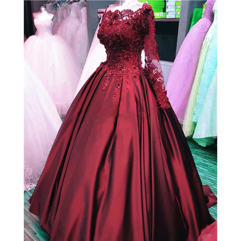 Vestido de novia de color burdeos con apliques de encaje y mangas largas con abalorios para mujer 