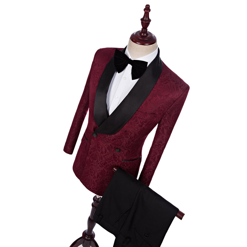 Men Suit 2020 Wedding Suits For Men Shawl Collar 3 Pieces Slim Fit Burgundy Tuxedo Jacket