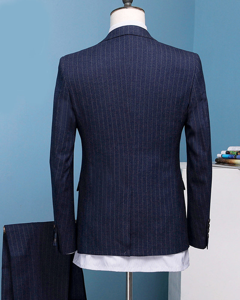Navy Blue Custom Made Men Suits Stripe Men's Blazer Slim Fit Wedding Male Groom Tuxedos suit prom (Jacket+Pants+Vest3 Piece