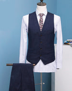 Navy Blue Custom Made Men Suits Stripe Men's Blazer Slim Fit Wedding Male Groom Tuxedos suit prom (Jacket+Pants+Vest3 Piece