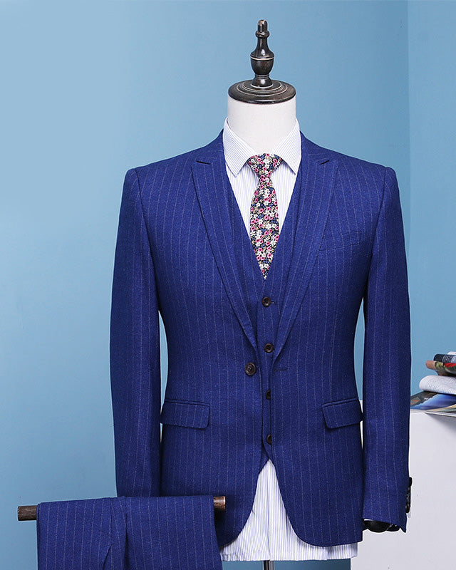 Navy Blue Custom Made Men Suits Stripe Men's Blazer Slim Fit Wedding Male Groom Tuxedos suit prom (Jacket+Pants+Vest3 Piece