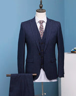 Navy Blue Custom Made Men Suits Stripe Men's Blazer Slim Fit Wedding Male Groom Tuxedos suit prom (Jacket+Pants+Vest3 Piece