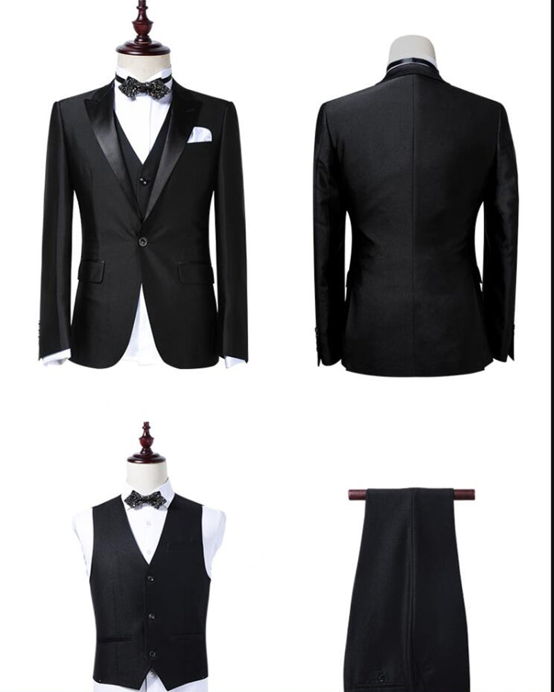 High Quality Black/Navy Groom Suits Men's Slim Fit 3 Piece One Button Blazer Peak lapel Tuxedos for men