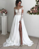 Long Sleeves Lace and Chiffon Beach Wedding Dress with Split Ivory Bridal Gown WD0818