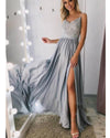 SIlver Gray Long Evening Dress with Straps, Women Fomal Split Prom Gown PL0709