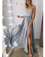 SIlver Gray Long Evening Dress with Straps, Women Fomal Split Prom Gown PL0709