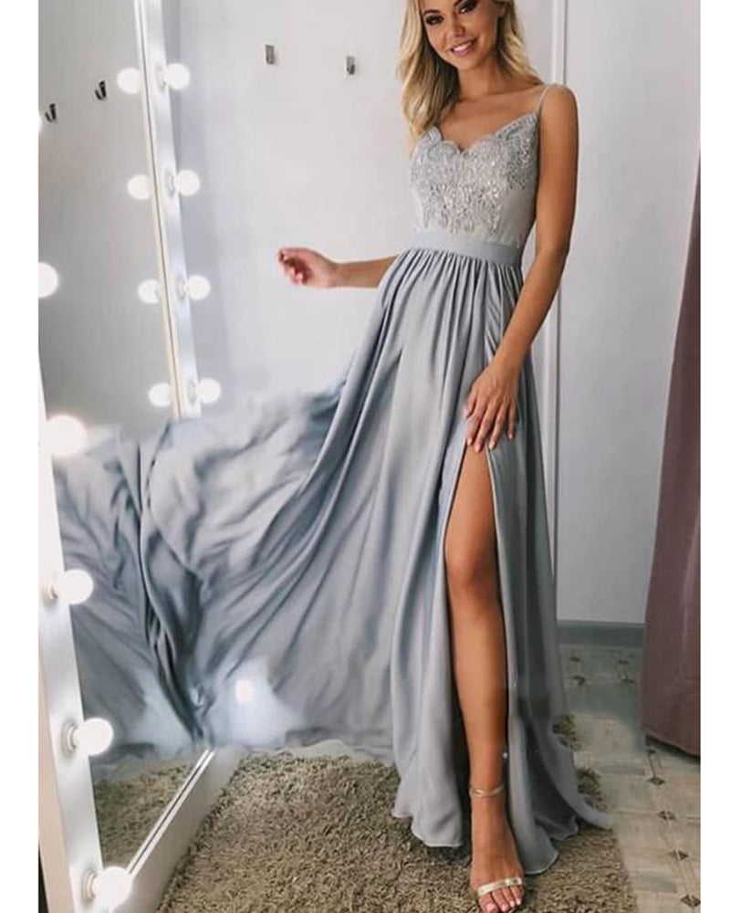 SIlver Gray Long Evening Dress with Straps, Women Fomal Split Prom Gown PL0709