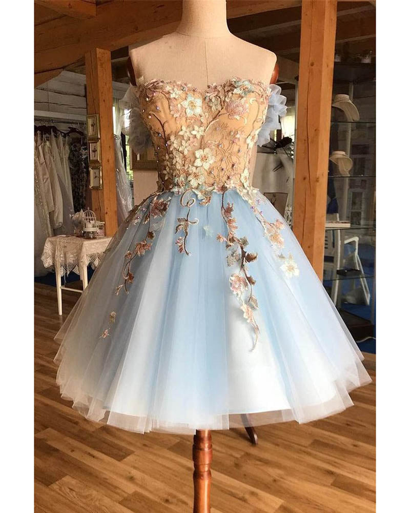 Fairy Off the Shoulder Gold Lace Short Light Blue  Homecoming Dress 2022 SP11015