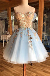 Fairy Off the Shoulder Gold Lace Short Light Blue  Homecoming Dress 2022 SP11015