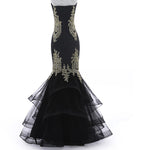 LP3359 Mermaid Black Prom Dress with Gold Lace Appliqued Evening Long Gown for Women 2018