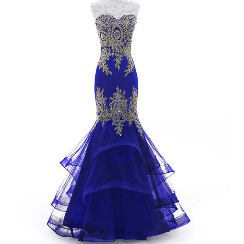 LP3359 Mermaid Black Prom Dress with Gold Lace Appliqued Evening Long Gown for Women 2018