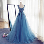 Elegant Scoop Neck Lace Blue Long Prom Dress Graduation Gown for High School Senior Party Gowns