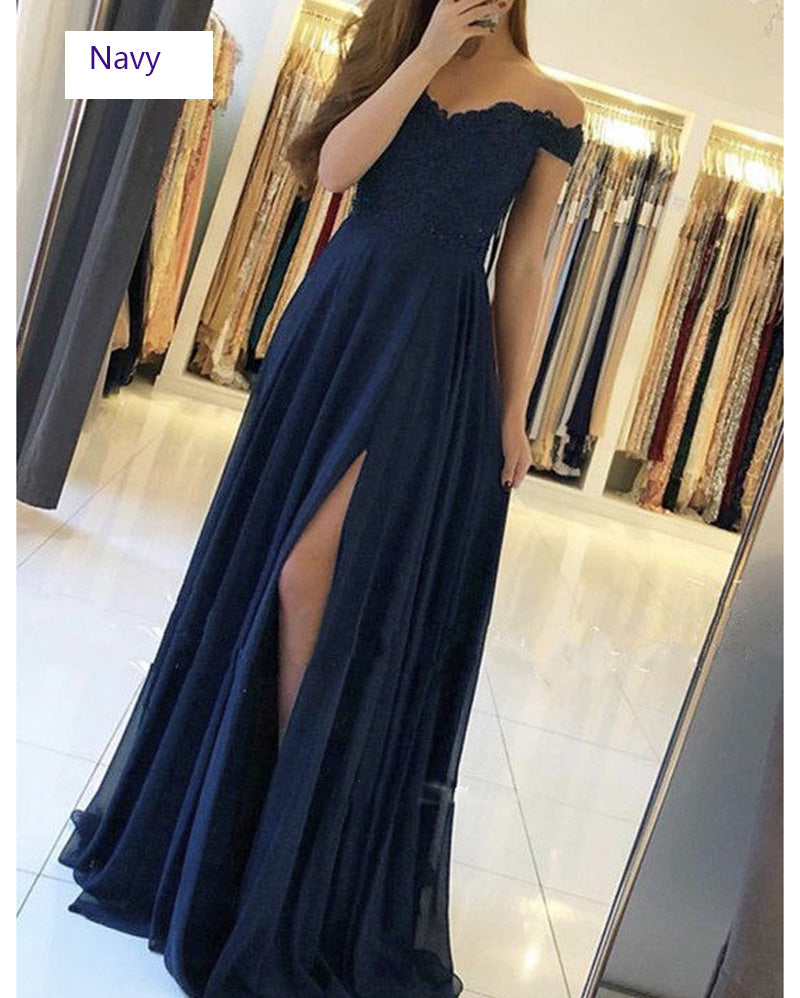 Elegant Off Shoulder lace Appliqued Girls  Long Prom Dress with Sexy Slit PL0011