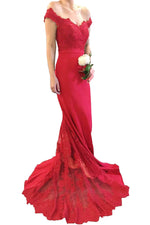 Red Prom Dress Jersey Long Women  Formal Wear with Lace Appliqued LP3241