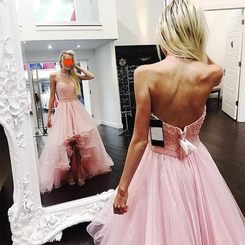 Gorgeous Pink High Low Prom Dress Beaded Front Short Long Back Girls Graduation Long Dress