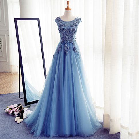 Elegant Scoop Neck Lace Blue Long Prom Dress Graduation Gown for High School Senior Party Gowns
