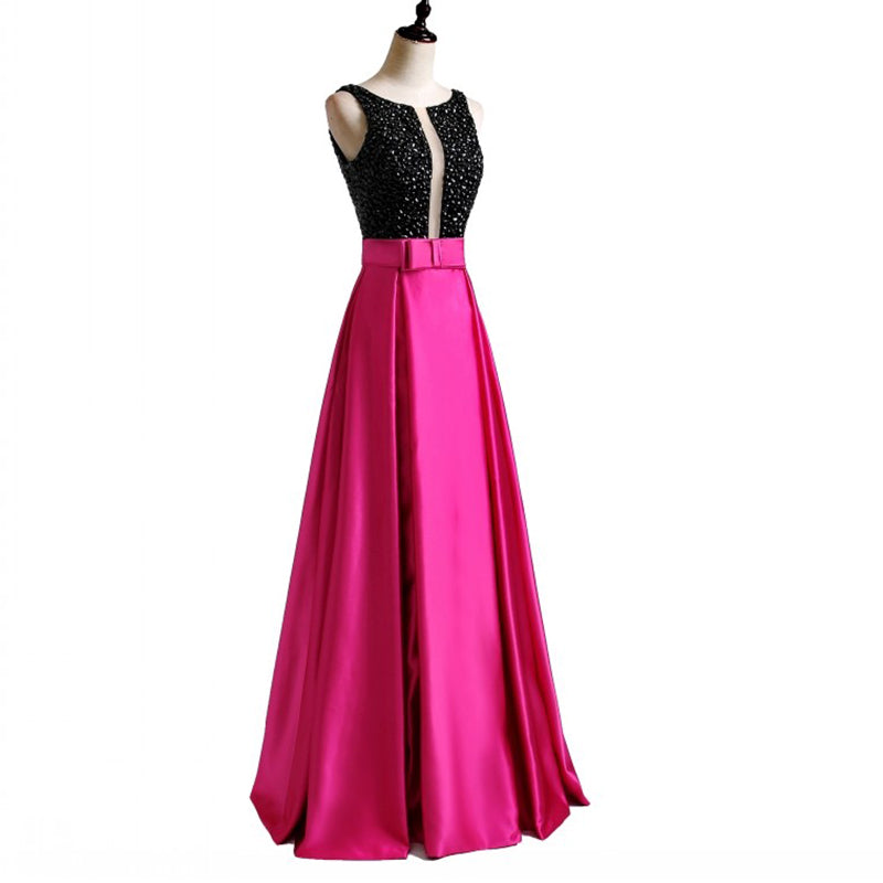 LP3361 Illusion Plunge Open neck Fuchsia and Black Prom Dress A Line Satin 2018 Formal Wear Long