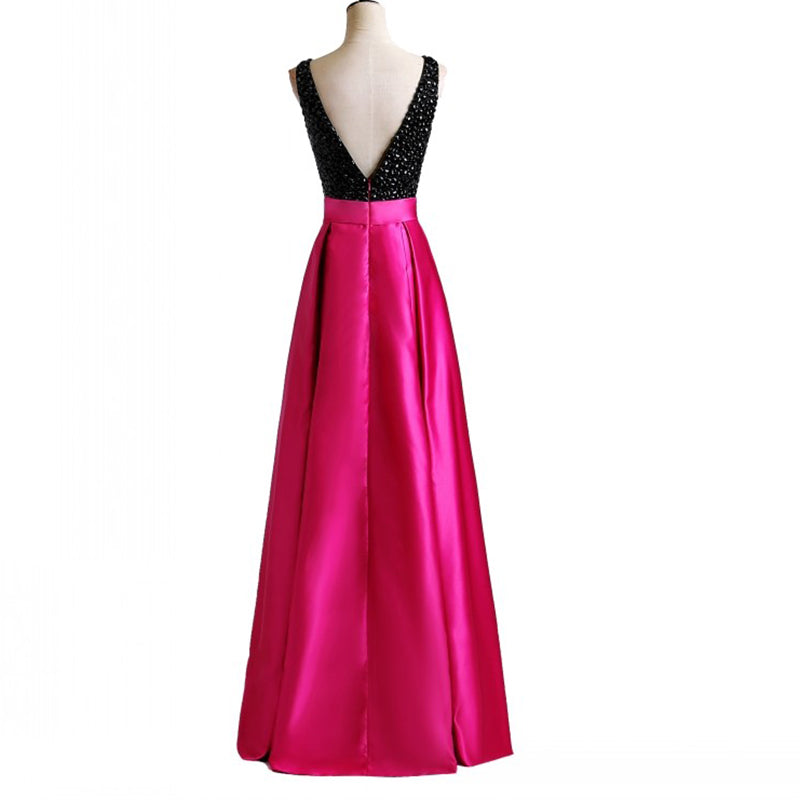 LP3361 Illusion Plunge Open neck Fuchsia and Black Prom Dress A Line Satin 2018 Formal Wear Long