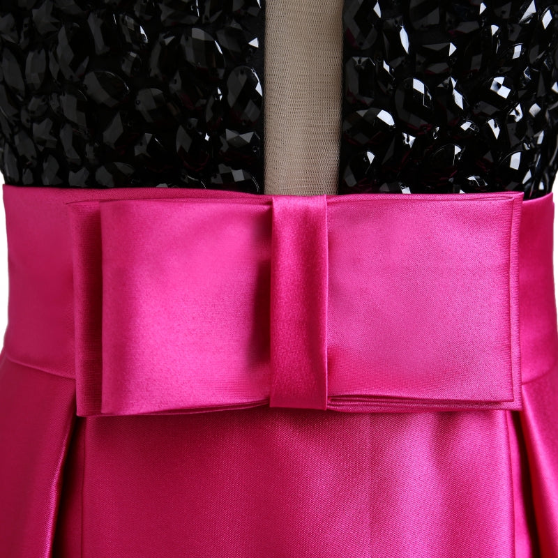 LP3361 Illusion Plunge Open neck Fuchsia and Black Prom Dress A Line Satin 2018 Formal Wear Long