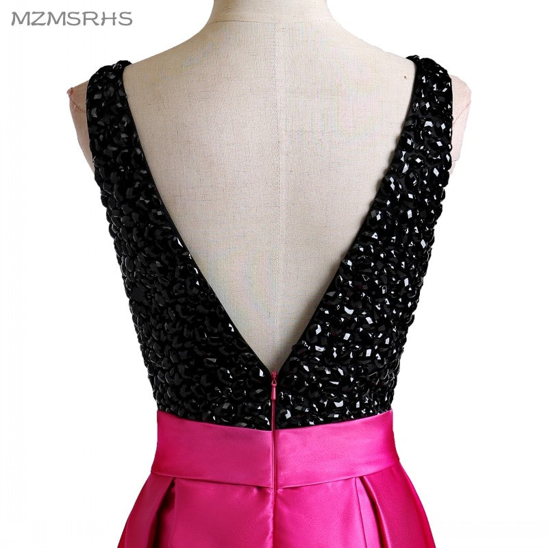LP3361 Illusion Plunge Open neck Fuchsia and Black Prom Dress A Line Satin 2018 Formal Wear Long