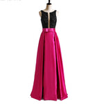 LP3361 Illusion Plunge Open neck Fuchsia and Black Prom Dress A Line Satin 2018 Formal Wear Long