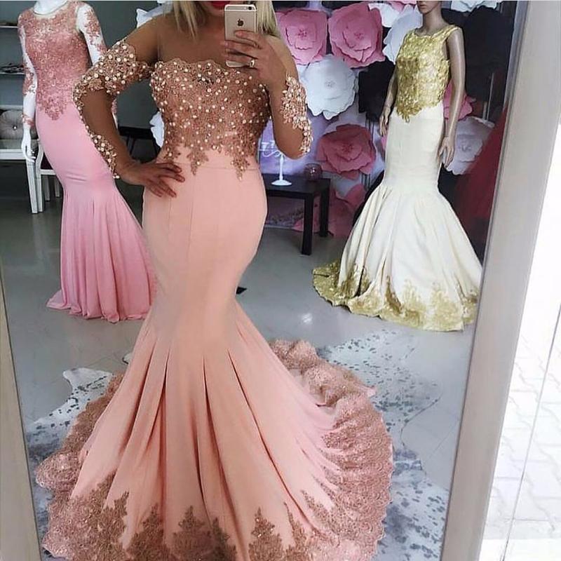Pink Kaftan Dubai Long Sleeve Mermaid Evening Dresses 2018 Formal Prom Gowns with Pearls Lace Vestido Longo