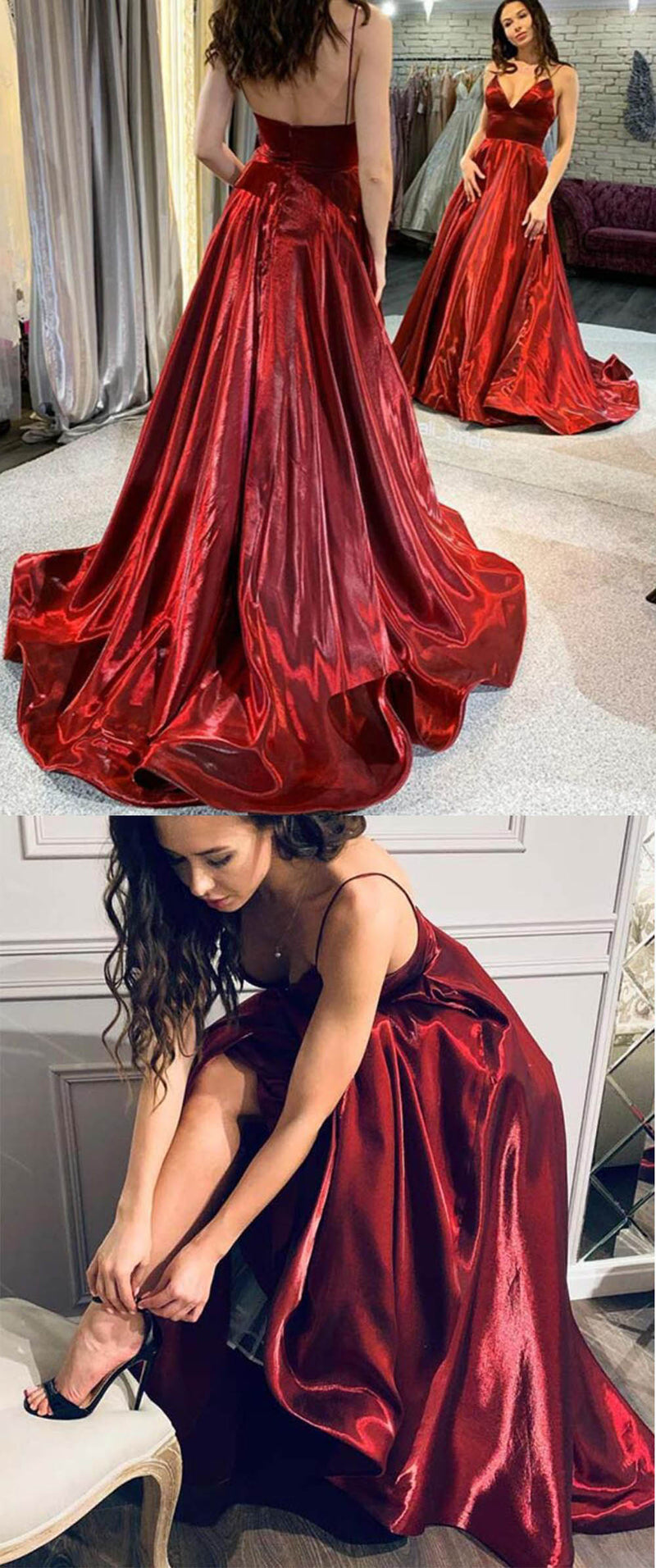 Elegant Satin Spaghetti Straps Sexy V Neck Long Burgundy Prom Party Dress  PL10427
