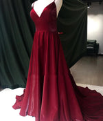 Elegant Satin Spaghetti Straps Sexy V Neck Long Burgundy Prom Party Dress  PL10427